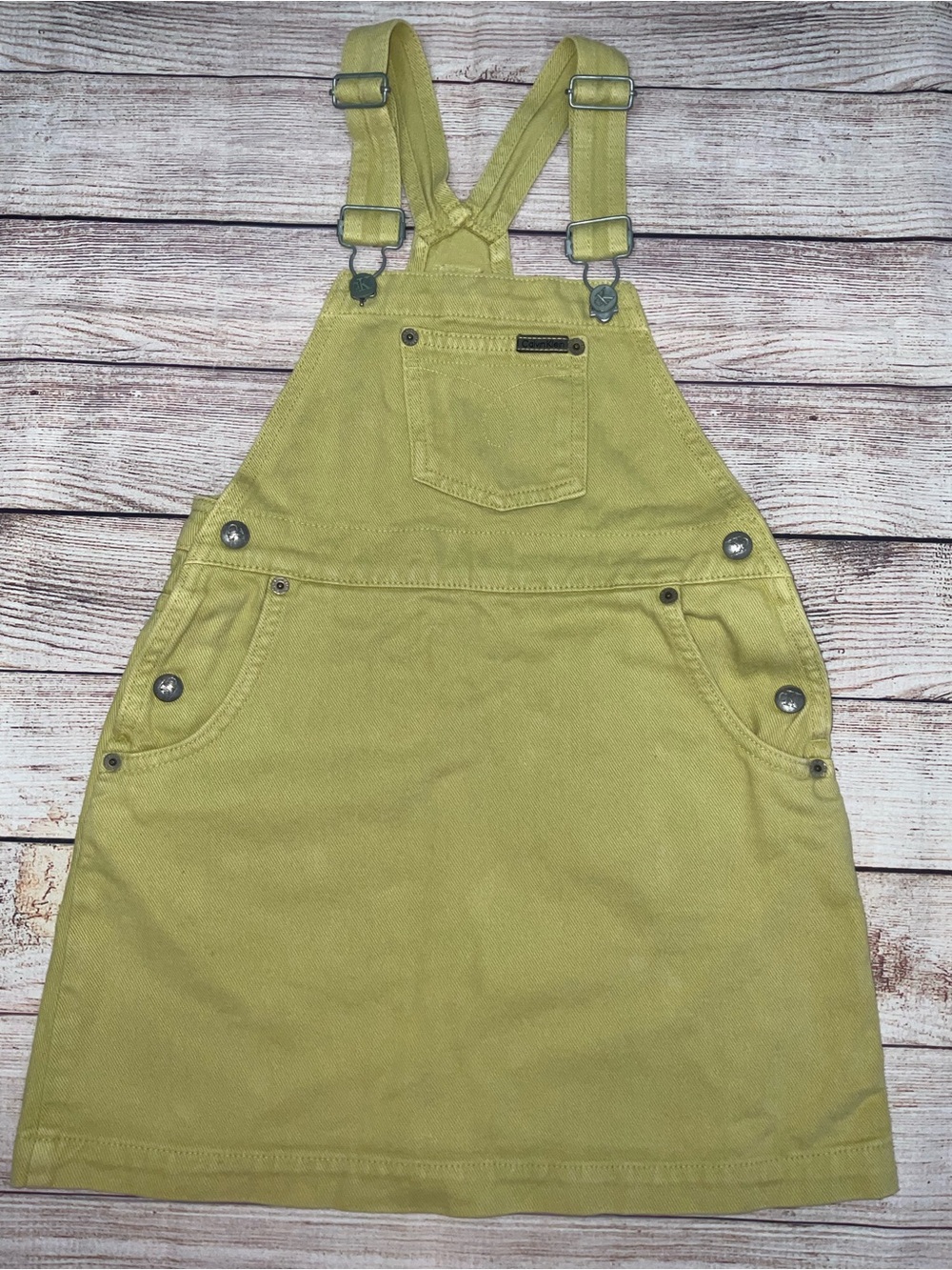 Vintage 90s USA Calvin Klein Kids Yellow Overall Dress with Front Pocket